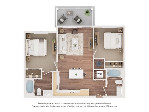 Floor plan for 2 beds, 2 baths, 852 sqft
